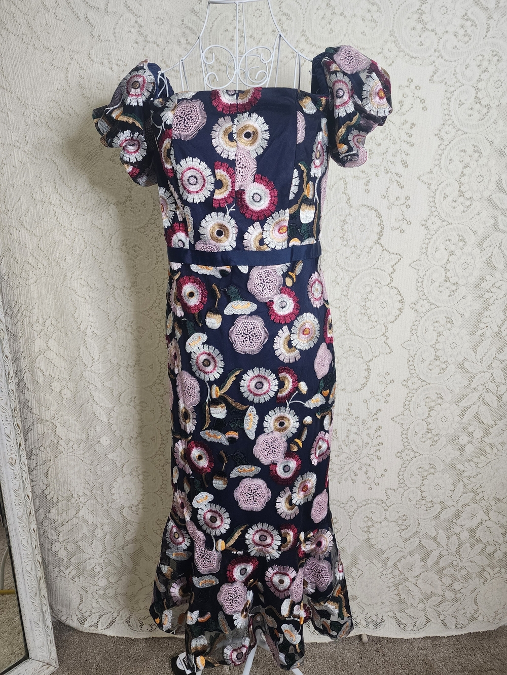 Sam Edelman Navy Floral Puff-Sleeve Midi Dress with Pink Accents